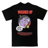 Black t-shirt with graphic design and text on a white background