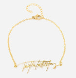 Gold plated bracelet with "Tell the Full Story" in custom handwriting