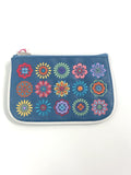 Blue coin purse with embroidered flowers