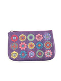 Purple coin purse with embroidered flowers