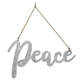 Decorative sign with 'Peace' text hanging on a white background