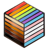 Cube with rainbow stripe colours on top, blue, pink, white stripes on side and shades of brown stripes on the other side.