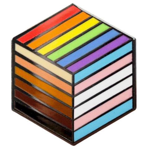 Cube with rainbow stripe colours on top, blue, pink, white stripes on side and shades of brown stripes on the other side.