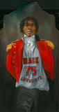 Black man in military jacket with basketball jersey.