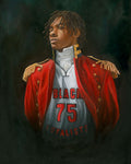 Black man in military jacket and basketball jersery.