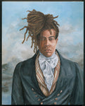 Black man with dreads in historical clothing.
