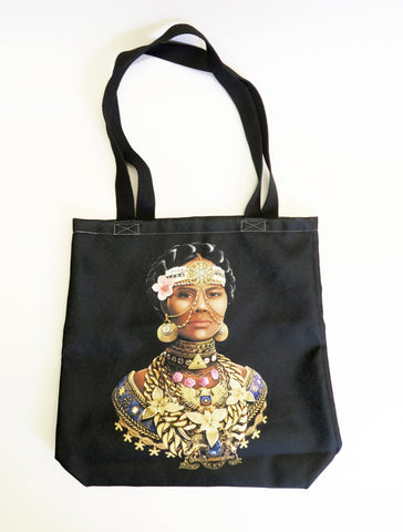 Front of tote bag with Afrofuturistic portrait of Mary Ann Shadd Cary.