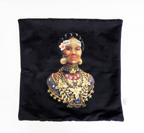 Front of velvet pillow featuring an Afrofuturistic portrait of Mary Ann Shadd Cary.