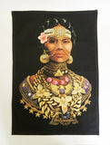 Afro futuristic portrait of Mary Ann Shadd Cary with a gold and crystal head dress with a gold detailed shawl.