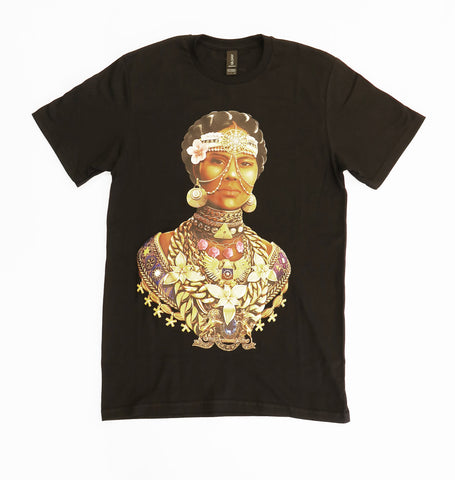 Black short sleeve t-shirt featuring an afro-futuristic colour portrait of Mary Ann Shadd Cary.