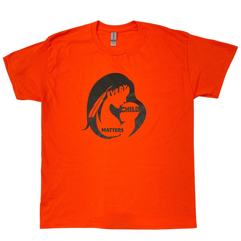 Orange t-shirt with design of a woman with a feather in her hair kissing a child's forehead with the words Every Child Matters.