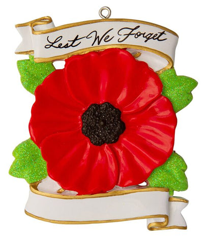 Large poppy with leaves with a banner on top  that says, "Lest We Forget" and a blank banner on the bottom.