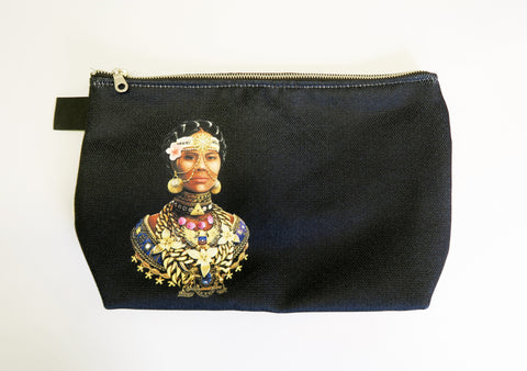 Black small zippered pouch with with Afrofuturistic portrait of Mary Ann Shadd Cary.