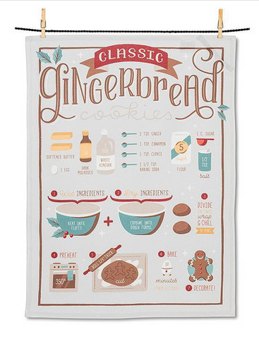Tea towel with gingerbread recipe design on a white background