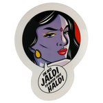 Sticker with a stylized face and text 'In no Jaldi to wash this Haldi' on a white background