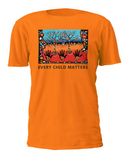 An orange short-sleeve crewneck t-shirt featuring a colorful graphic print on the chest with the text 'EVERY CHILD MATTERS' underneath, set against a plain white background.