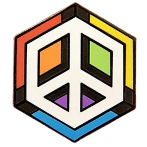 Peace symbol in white on a rainbow background.