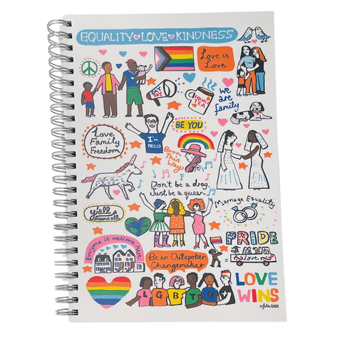 Spiral Journal cover with Equality, Love and Kindness written at the top and colurful graphics depicting the Pride community.