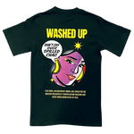 Dark gray t-shirt with colorful graphic and text on a white background
