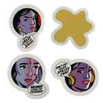 Set of four stickers with stylized faces and text on a white background