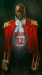 Bald black man with beard in military jacket and basketball jersey.