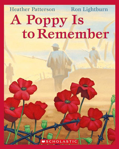 Book cover with poppies and barb-wire on the bottom with soldiers in a field