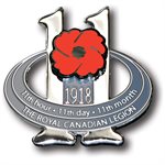 Silver poppy emblem with red poppy flower and '1918' on a white background