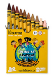 Box of 'Cultur-All Crayons' with crayons displayed on a white background