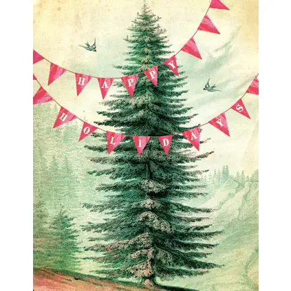 Vintage-style Christmas card with a snowy tree and 'Happy Holidays' banner.