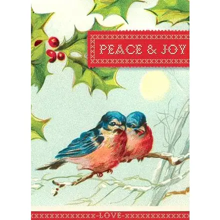 Christmas card with two birds on a branch, holly leaves, and 'Peace & Joy' text.