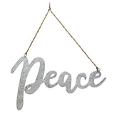 Decorative sign with 'Peace' text hanging on a white background