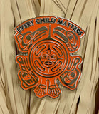 Pin with 'Every Child Matters' text and an Indigenous design on a beige background.
