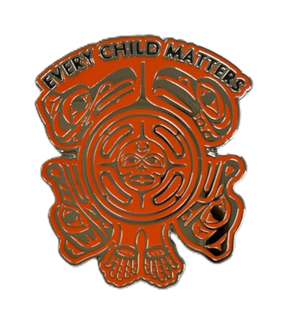 Pin with 'Every Child Matters' text on a white background