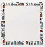 White sheet of paper with a decorative border featuring various illustrations of Toronto on a white background