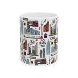 White mug with colorful Toronto-themed illustrations on a white background