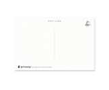 White postcard with black text and logo on a white background