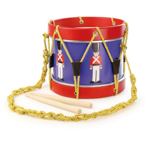 Red and Blue drum with a gold braided cord. Two wooden sticks on display next to the drum. The drum has soldiers in red coats painted on the side of the drum. 