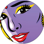 Circular graphic of a stylized face with purple skin, red lips, and yellow accents on a white background.