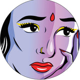 Circular illustration of a stylized face with purple and black colors.