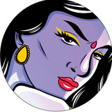 Circular illustration of a stylized face with purple skin, black hair, yellow earrings, and red lips.