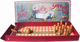 Table skittles box with game set up in front