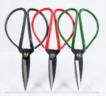 Forward facing black, red and green garden scissors.