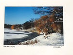 Photo Card of pond and trail covered in snow. Some trees in the background. 