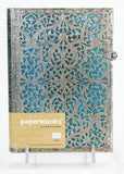 Front cover of midi journal with maya blue silver filigree design