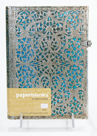 Front cover of midi journal with maya blue silver filigree design
