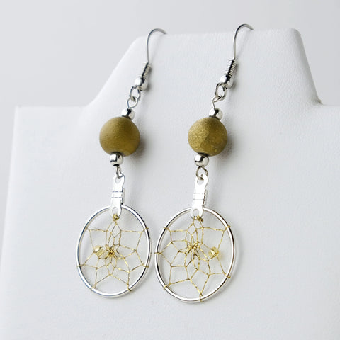 Close up of dream catcher earrings with gold druzy beads