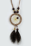 Close product shot of dream catcher necklace in brown