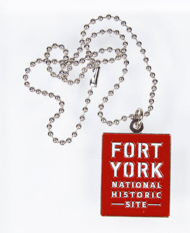 Fort York text logo dog tag on chain necklace.