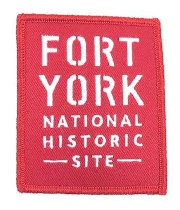 Red square Iron On Badge with Fort York emblem in white 