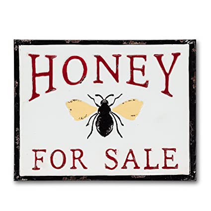 Enamel finish metal sign with bee design and "honey for sale" in red.